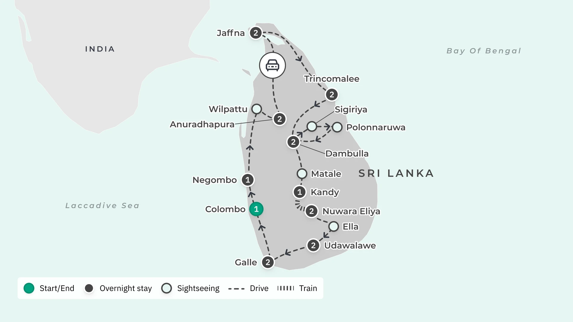 Route map of the 18-day Sri Lanka tour from Colombo north to Jaffna and south to Galle
