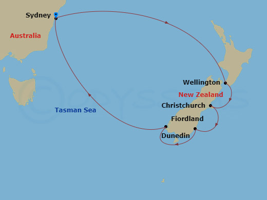 Map showing the 10-night Sydney return Carnival Splendor New Zealand cruise route via Wellington, Christchurch, Dunedin and Fiordland