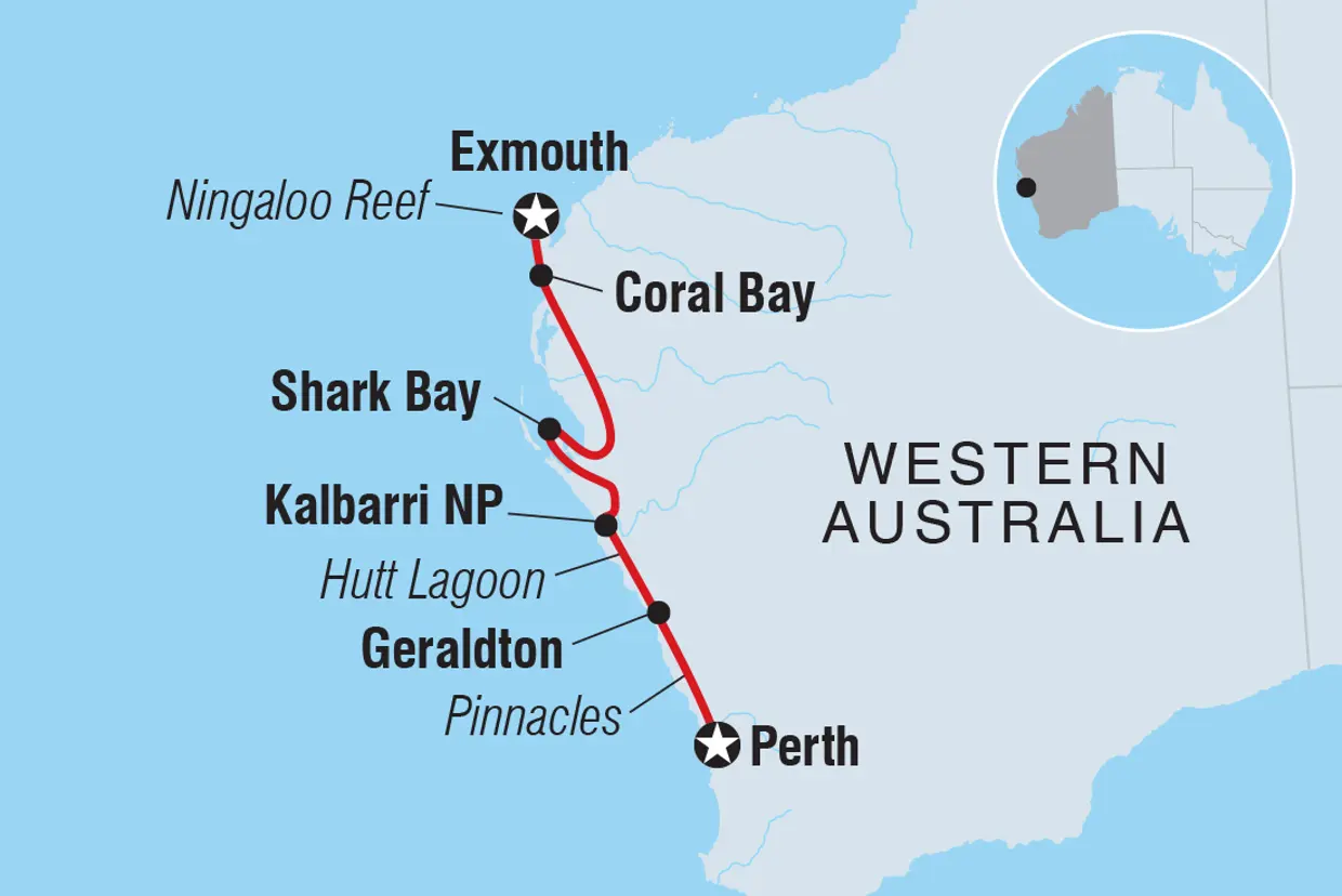 Map of the Western Australia route from Perth to Exmouth via Kalbarri, Shark Bay and Ningaloo Reef