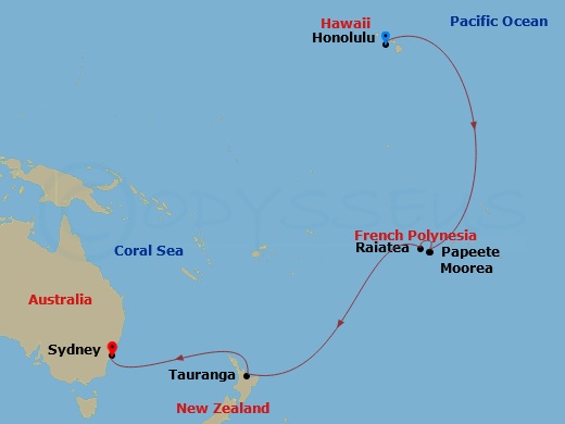 Cruise route map — Honolulu to Sydney via French Polynesia and New Zealand