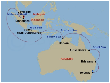 Map of the Grand Princess cruise route from Sydney to Singapore via Brisbane, Airlie Beach, Darwin, Bali and Penang